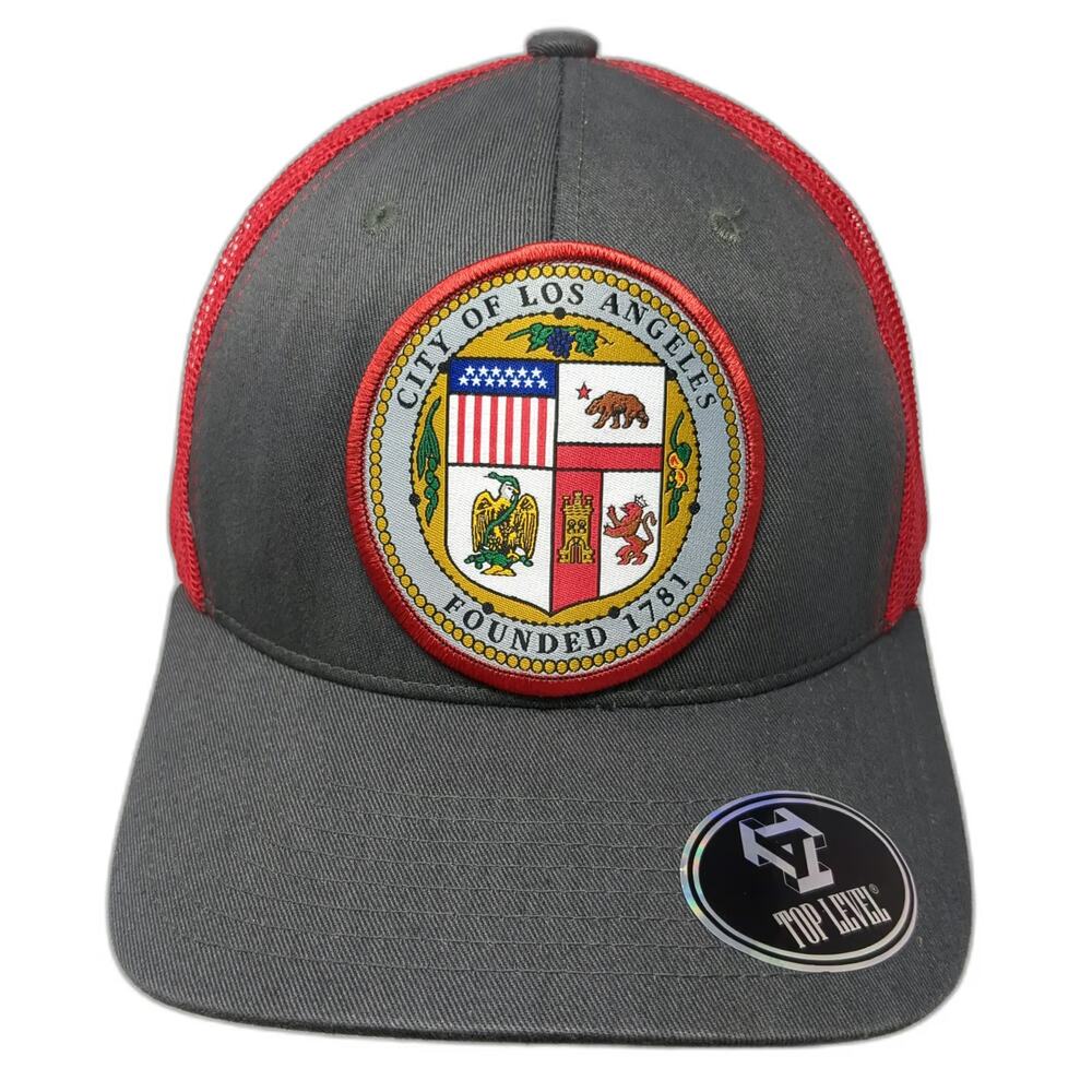 Top Level Trucker Hat Gray Red One Size City of Los Angeles Seal Patch Snapback